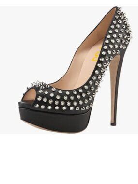 FSJ Black Silver Rivets Platform Heel Peep Toe High Stiletto Heel Slip On Pumps